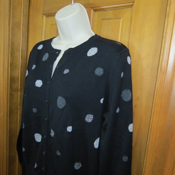 Foxcroft Black & Silver Polka Dot Cardigan Sweater Large - Picture 3 of 11